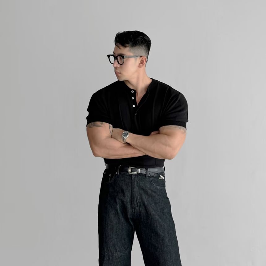 Short-Sleeve Henley Plain Knit Top
