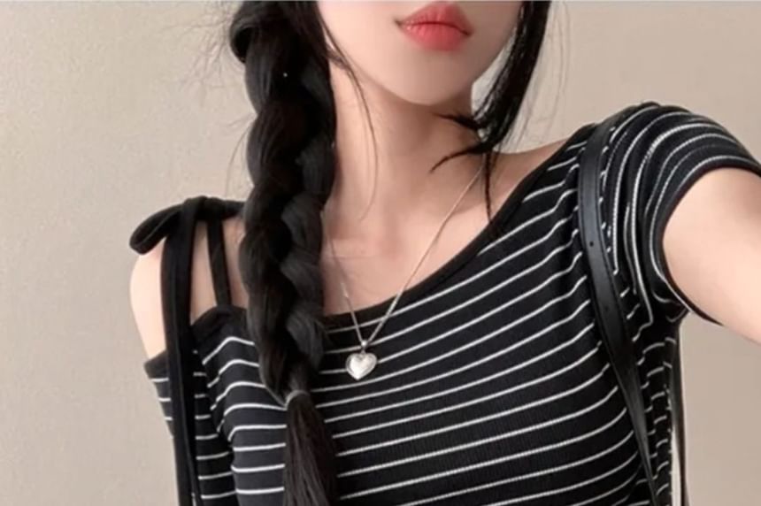 Short-Sleeve Off-Shoulder Striped Tie-Strap Top