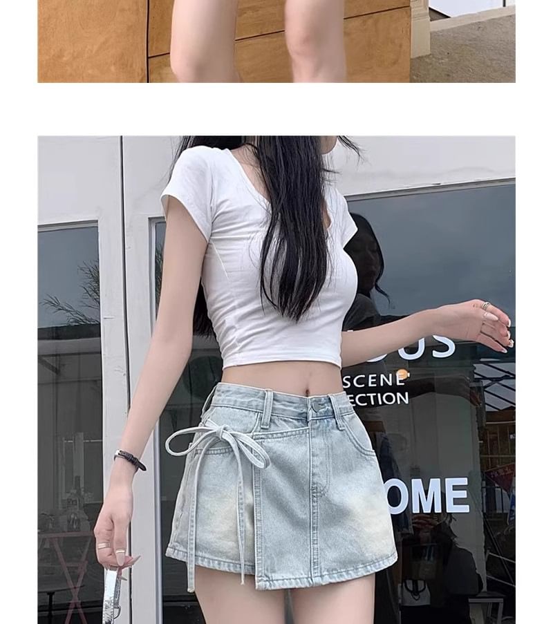 Mid Waist Washed Tie Side Mini Denim Skort