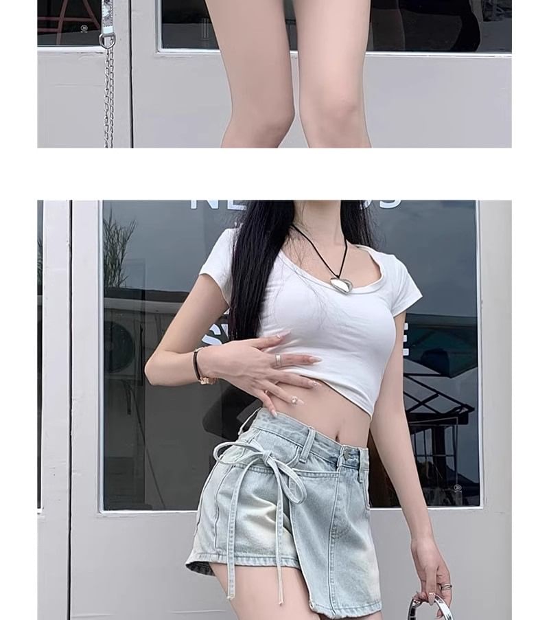 Mid Waist Washed Tie Side Mini Denim Skort