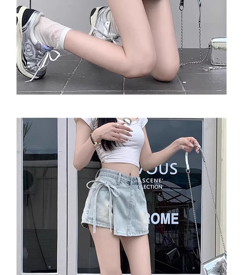 Mid Waist Washed Tie Side Mini Denim Skort