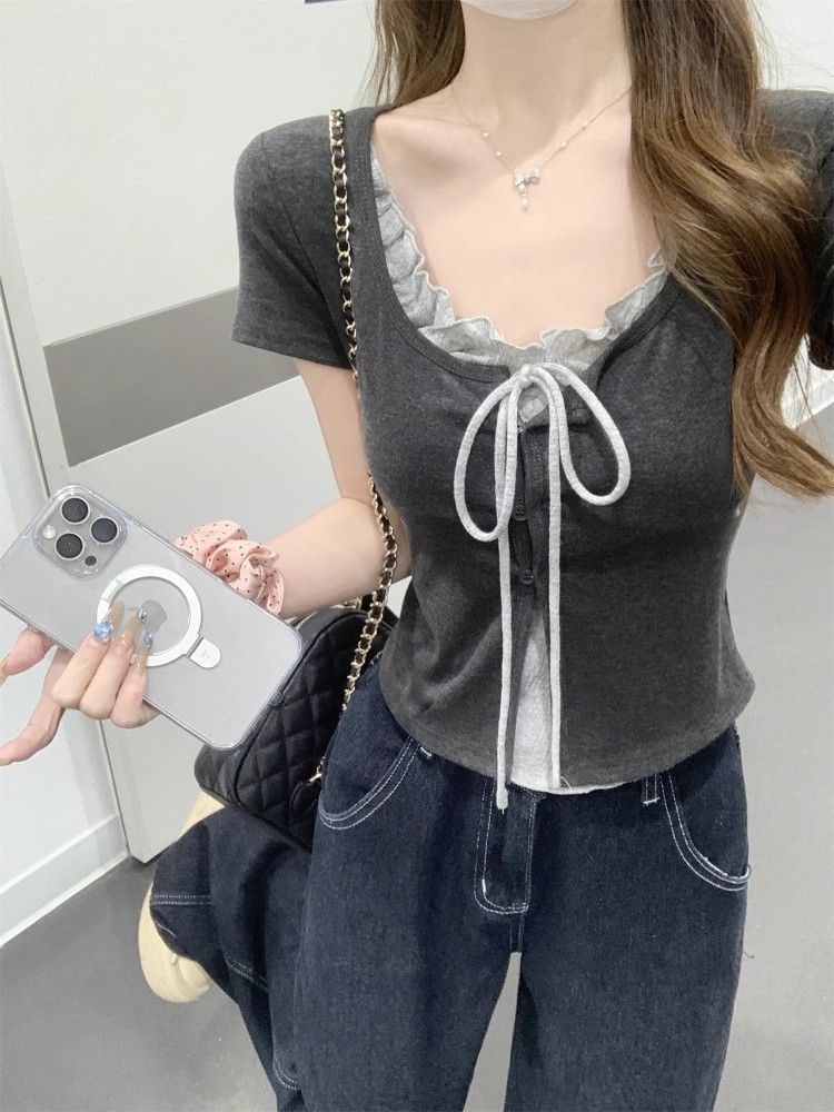 Short Sleeve Mock Two Piece Color-Block Ruffled-Trim Accent Slim-Fit Top