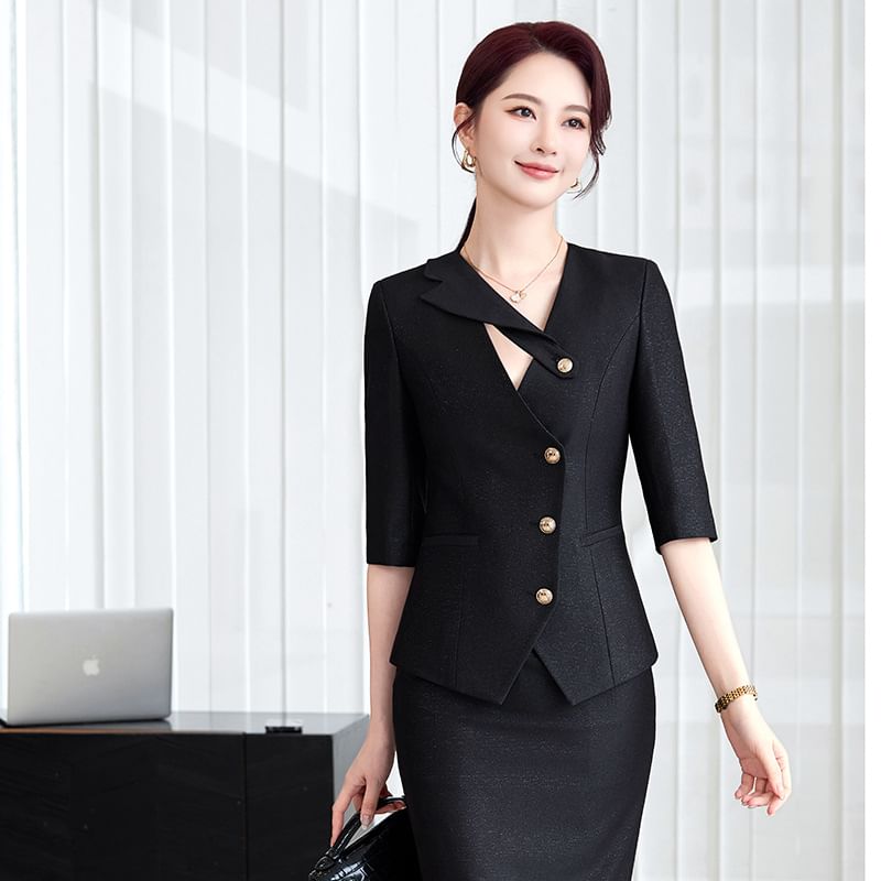 Elbow-Sleeve Notch Lapel Plain Single-Breasted Blazer / High Waist Pencil Skirt / Set