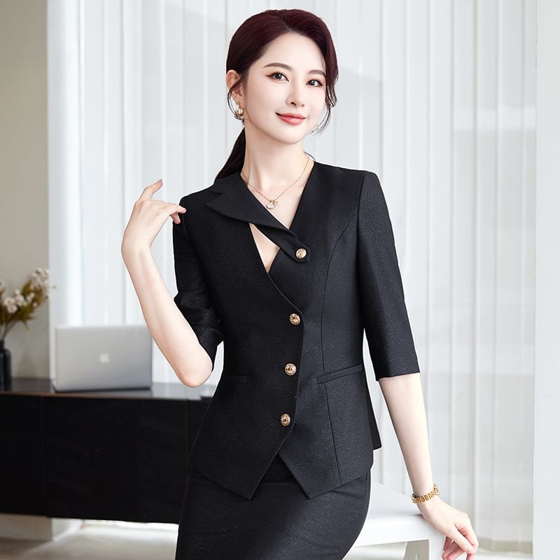 Elbow-Sleeve Notch Lapel Plain Single-Breasted Blazer / High Waist Pencil Skirt / Set