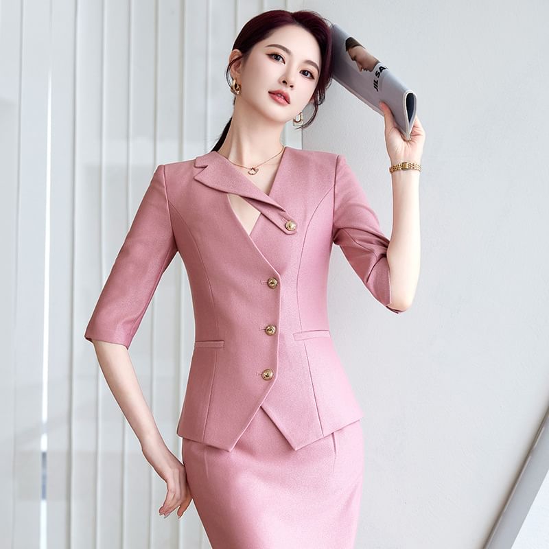 Elbow-Sleeve Notch Lapel Plain Single-Breasted Blazer / High Waist Pencil Skirt / Set