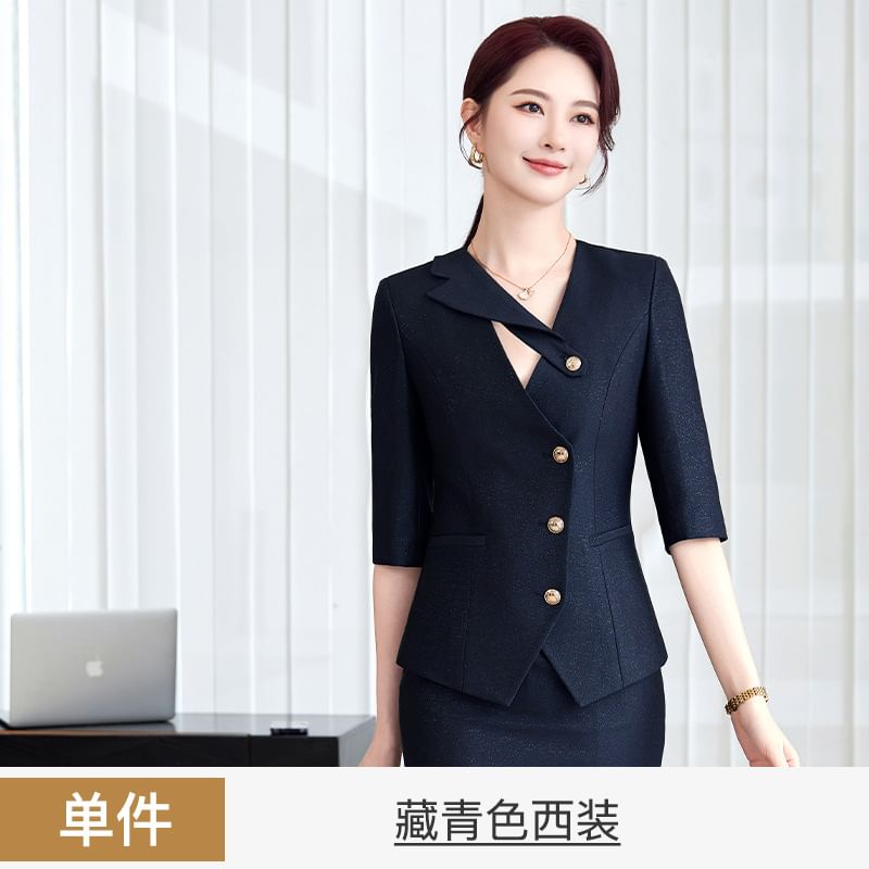 Elbow-Sleeve Notch Lapel Plain Single-Breasted Blazer / High Waist Pencil Skirt / Set