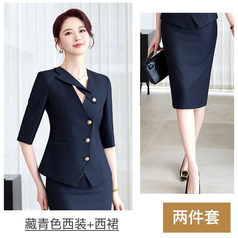 Elbow-Sleeve Notch Lapel Plain Single-Breasted Blazer / High Waist Pencil Skirt / Set
