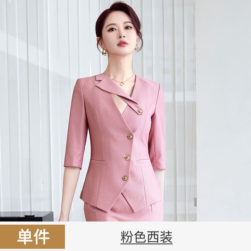 Elbow-Sleeve Notch Lapel Plain Single-Breasted Blazer / High Waist Pencil Skirt / Set