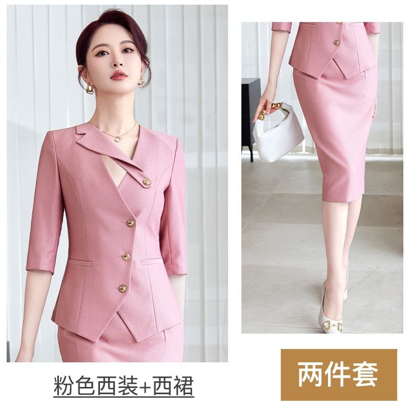 Elbow-Sleeve Notch Lapel Plain Single-Breasted Blazer / High Waist Pencil Skirt / Set