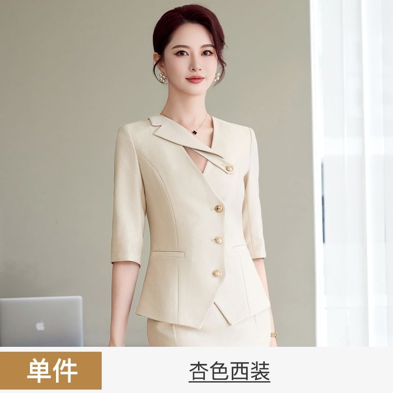Elbow-Sleeve Notch Lapel Plain Single-Breasted Blazer / High Waist Pencil Skirt / Set