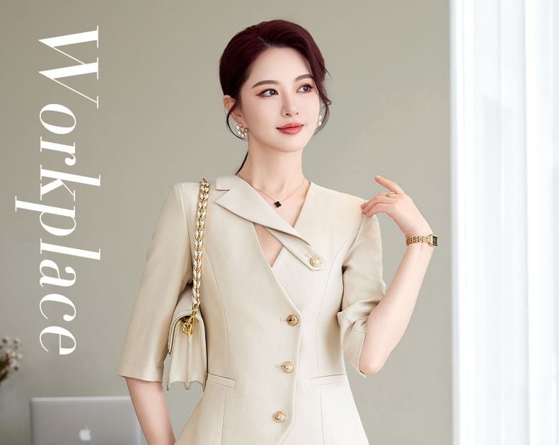 Elbow-Sleeve Notch Lapel Plain Single-Breasted Blazer / High Waist Pencil Skirt / Set