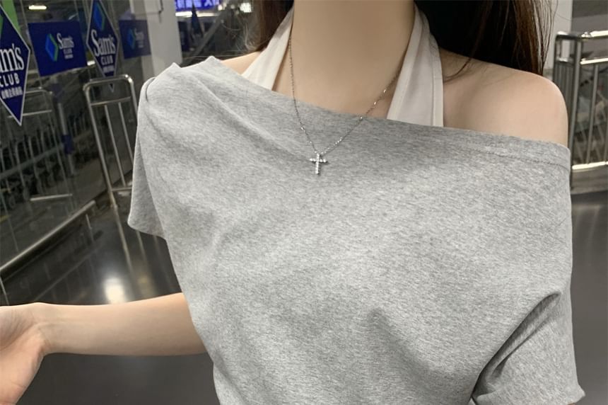 Mock Two-Piece Short-Sleeve Halter Cold-Shoulder Two Tone Tee