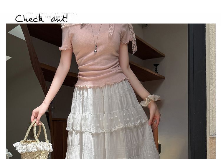 High Waist Lace Panel Tiered Midi A-Line Skirt