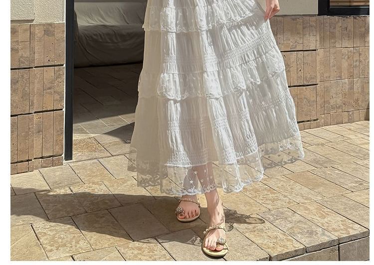 High Waist Lace Panel Tiered Midi A-Line Skirt