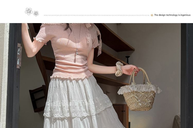 High Waist Lace Panel Tiered Midi A-Line Skirt