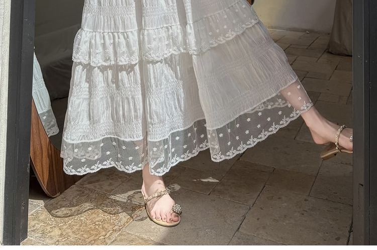 High Waist Lace Panel Tiered Midi A-Line Skirt