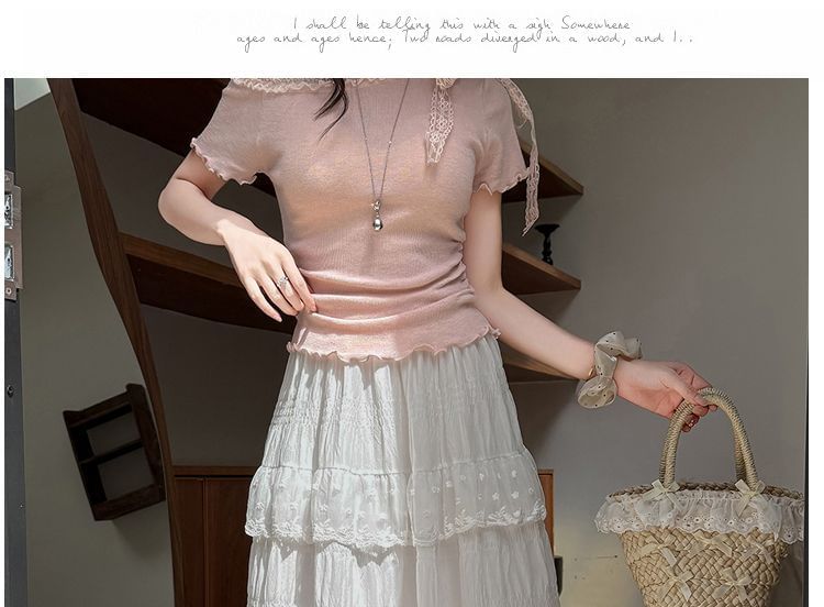 High Waist Lace Panel Tiered Midi A-Line Skirt