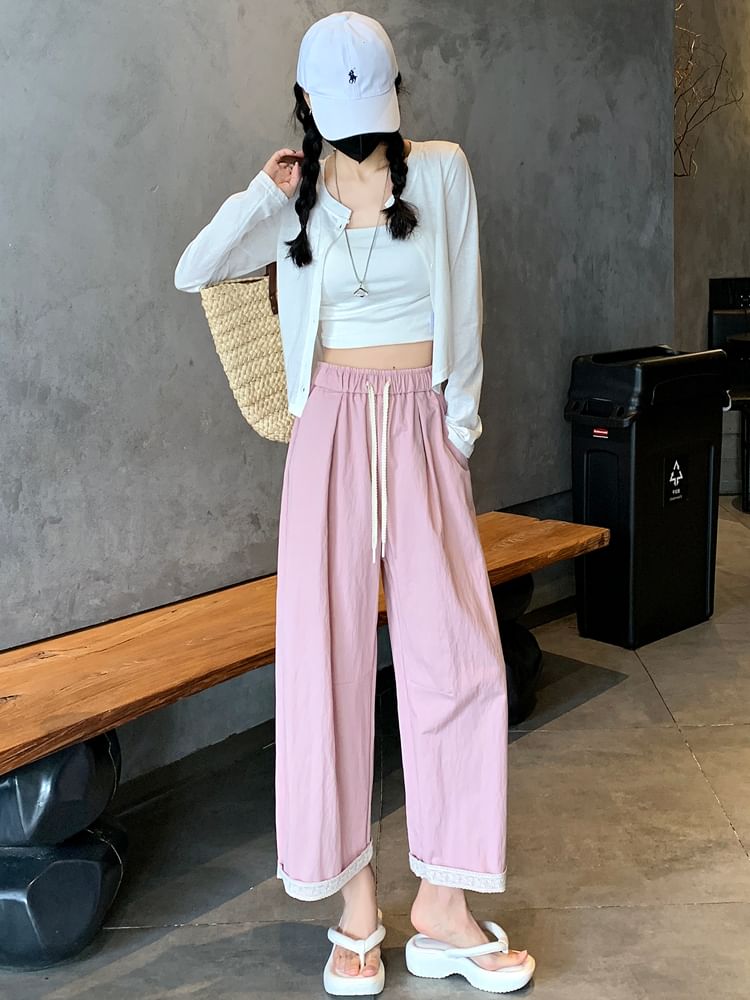 Drawstring Waist Lace Trim Cropped Straight Leg Pants