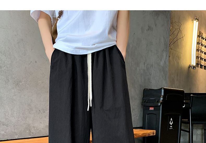 Drawstring Waist Lace Trim Cropped Straight Leg Pants