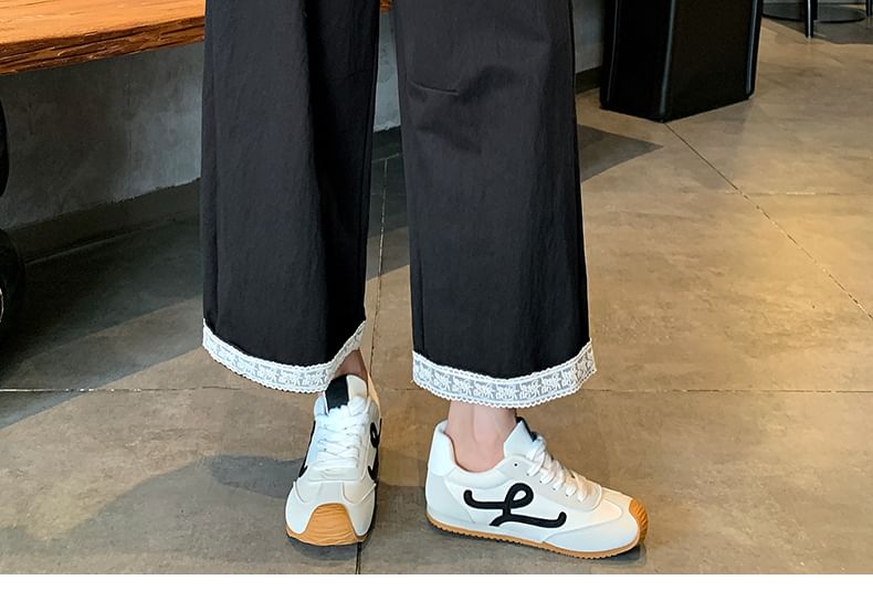 Drawstring Waist Lace Trim Cropped Straight Leg Pants