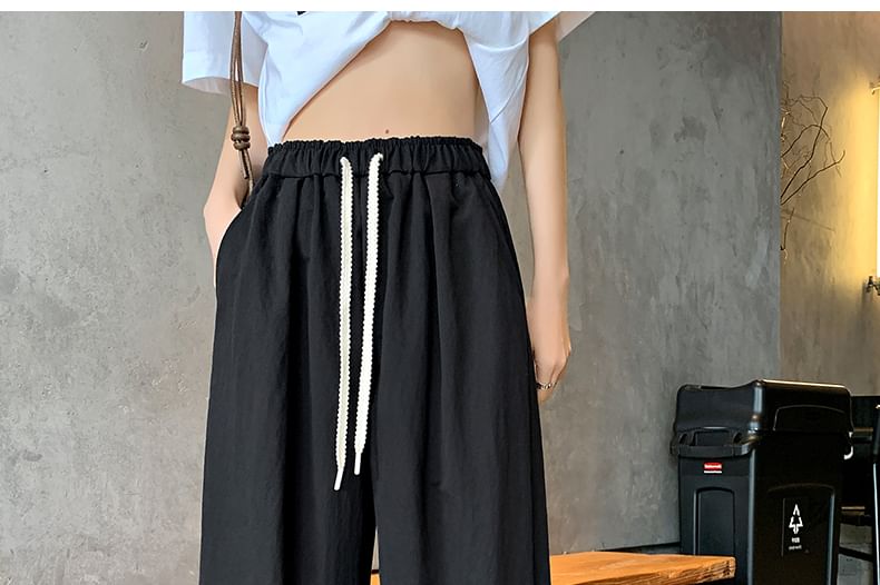 Drawstring Waist Lace Trim Cropped Straight Leg Pants