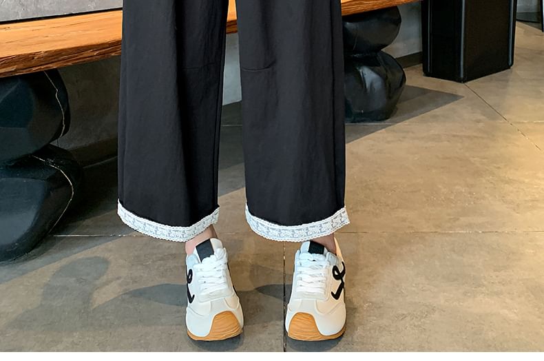 Drawstring Waist Lace Trim Cropped Straight Leg Pants
