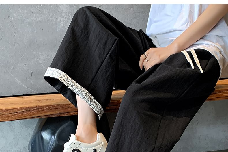 Drawstring Waist Lace Trim Cropped Straight Leg Pants