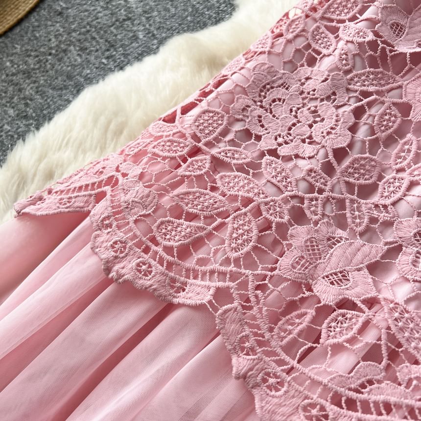 Short-Sleeve Square Neck Lace Maxi A-Line Dress