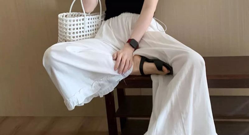Maternity Elastic Waist Plain Frill Trim Wide Leg Pants