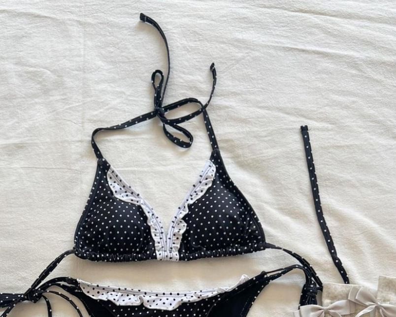 Set: Halter Dotted Lace Trim Bikini Top + Bottom + Cover Up Skirt