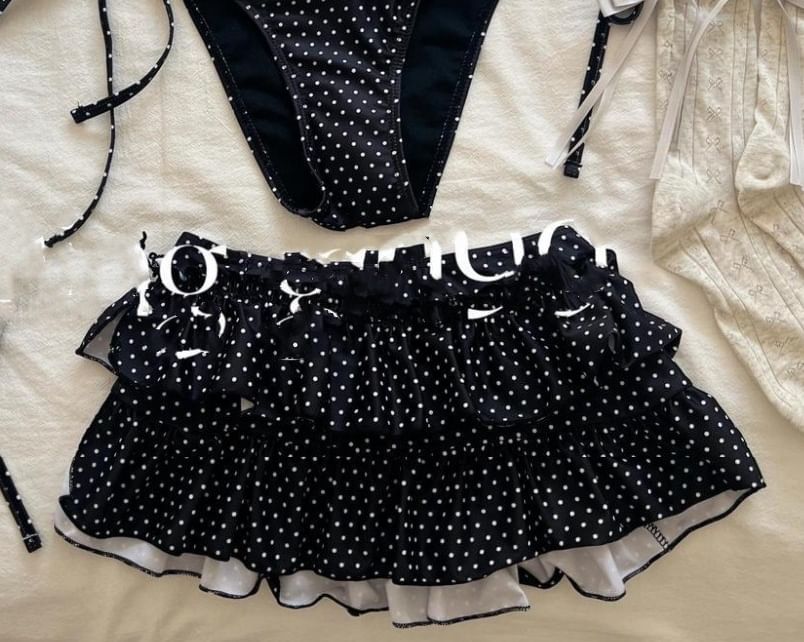 Set: Halter Dotted Lace Trim Bikini Top + Bottom + Cover Up Skirt