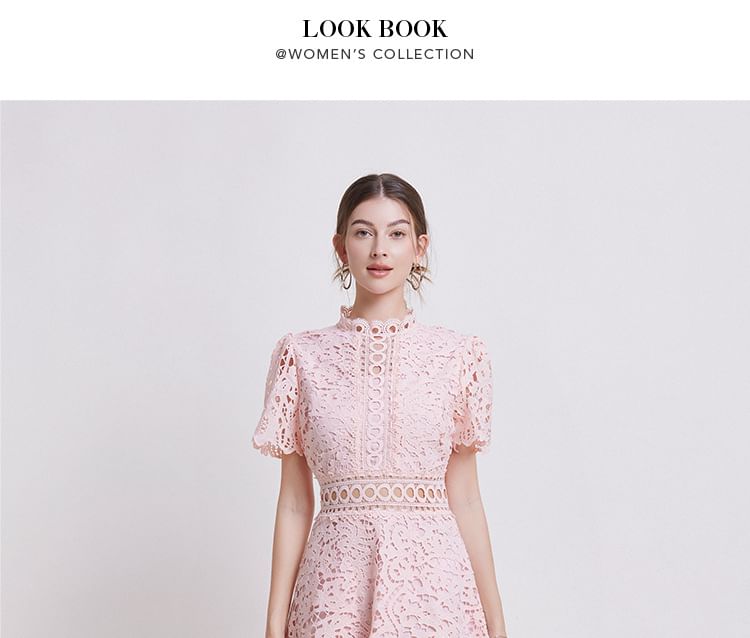Short Sleeve Mock Neck Plain Crochet Lace Midi A-Line Dress