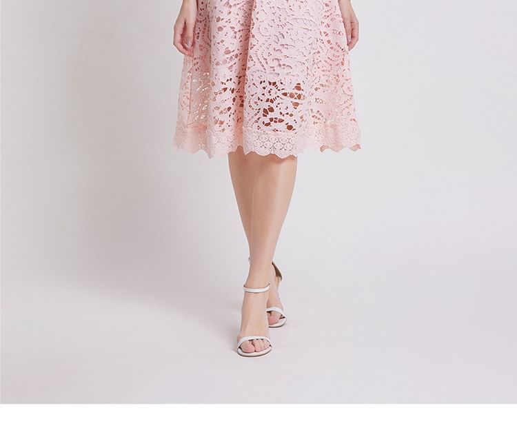 Short Sleeve Mock Neck Plain Crochet Lace Midi A-Line Dress