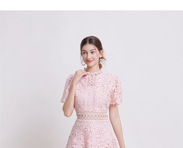 Short Sleeve Mock Neck Plain Crochet Lace Midi A-Line Dress