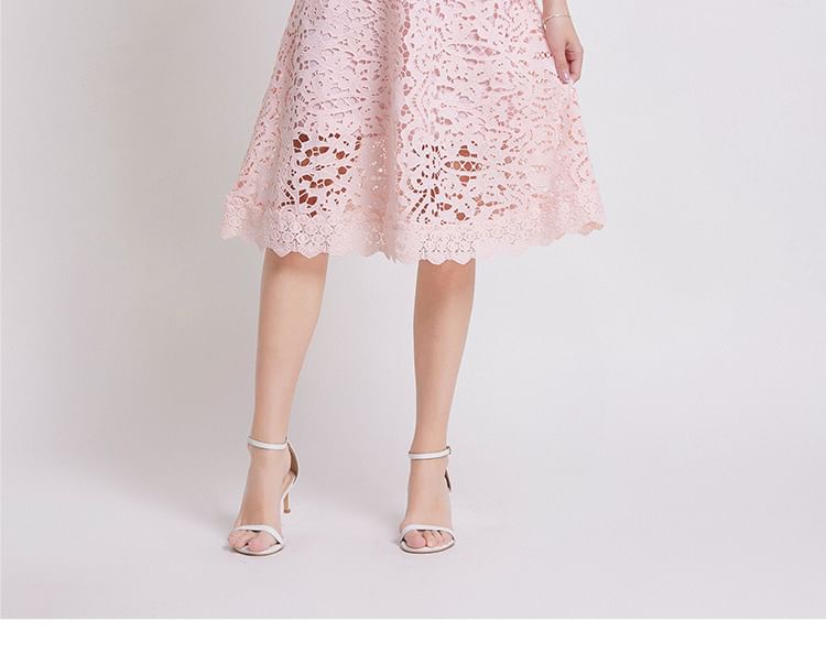 Short Sleeve Mock Neck Plain Crochet Lace Midi A-Line Dress
