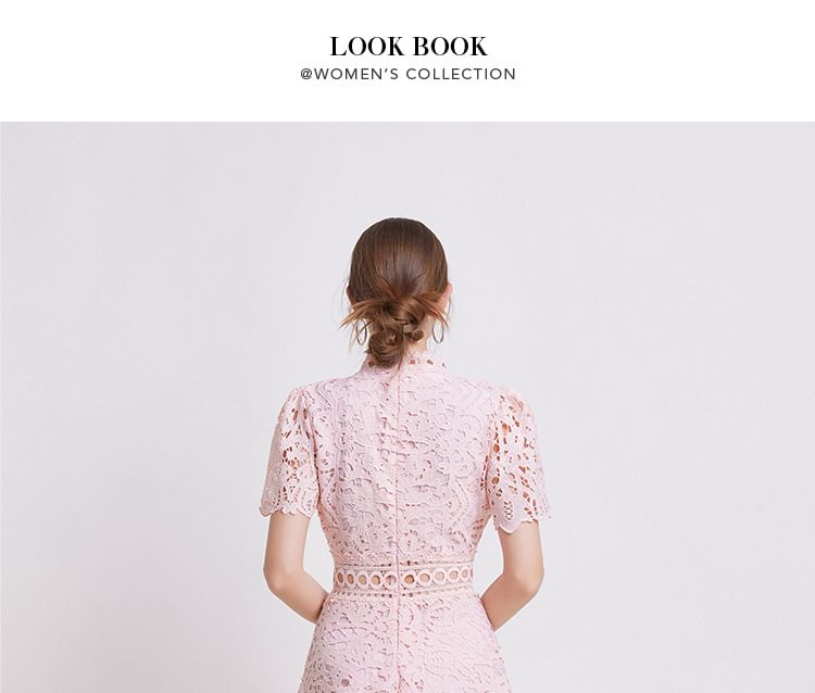 Short Sleeve Mock Neck Plain Crochet Lace Midi A-Line Dress