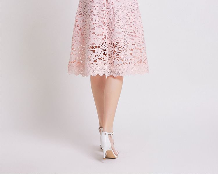 Short Sleeve Mock Neck Plain Crochet Lace Midi A-Line Dress