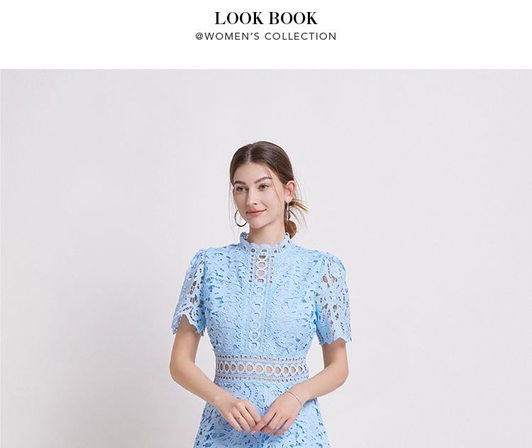 Short Sleeve Mock Neck Plain Crochet Lace Midi A-Line Dress