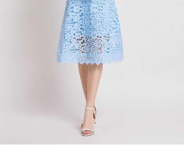Short Sleeve Mock Neck Plain Crochet Lace Midi A-Line Dress