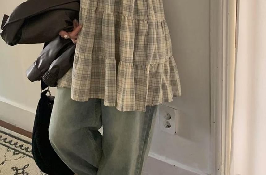 Scoop Neck Plaid Ruffle Cami Top