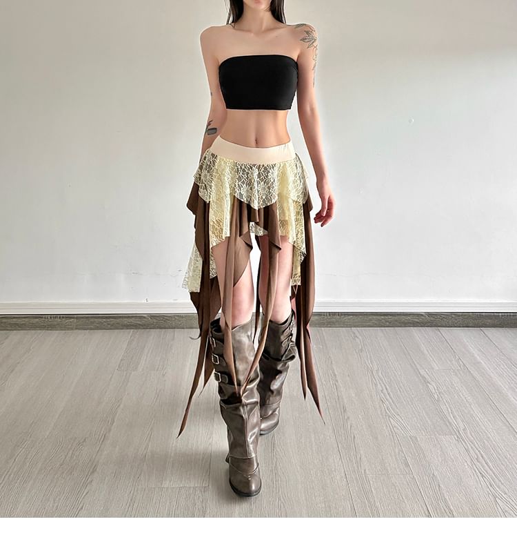 Low Waist Lace Overlay Asymmetrical A-Line Skirt