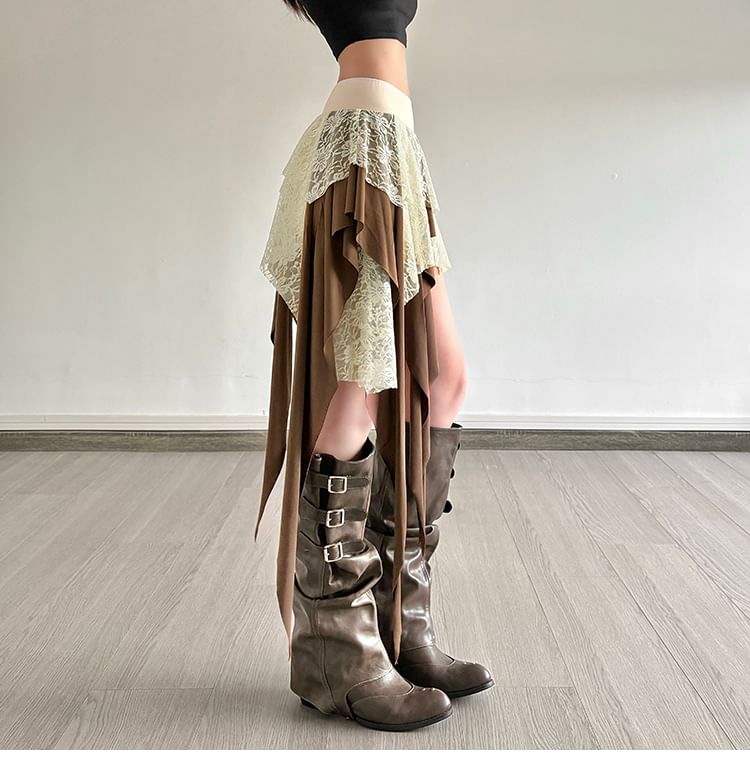 Low Waist Lace Overlay Asymmetrical A-Line Skirt