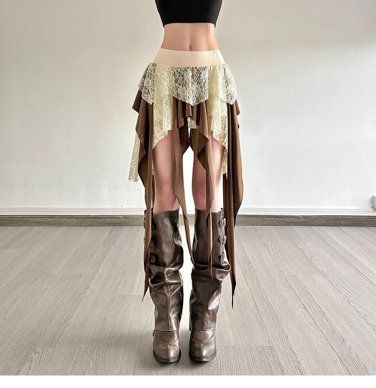 Low Waist Lace Overlay Asymmetrical A-Line Skirt