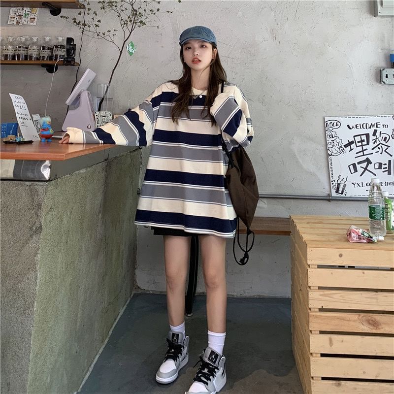 Long Sleeve Crew Neck Striped Oversized Tee