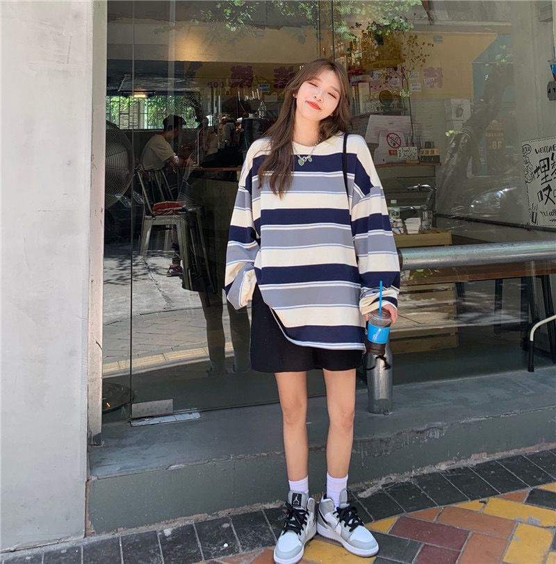 Long Sleeve Crew Neck Striped Oversized Tee