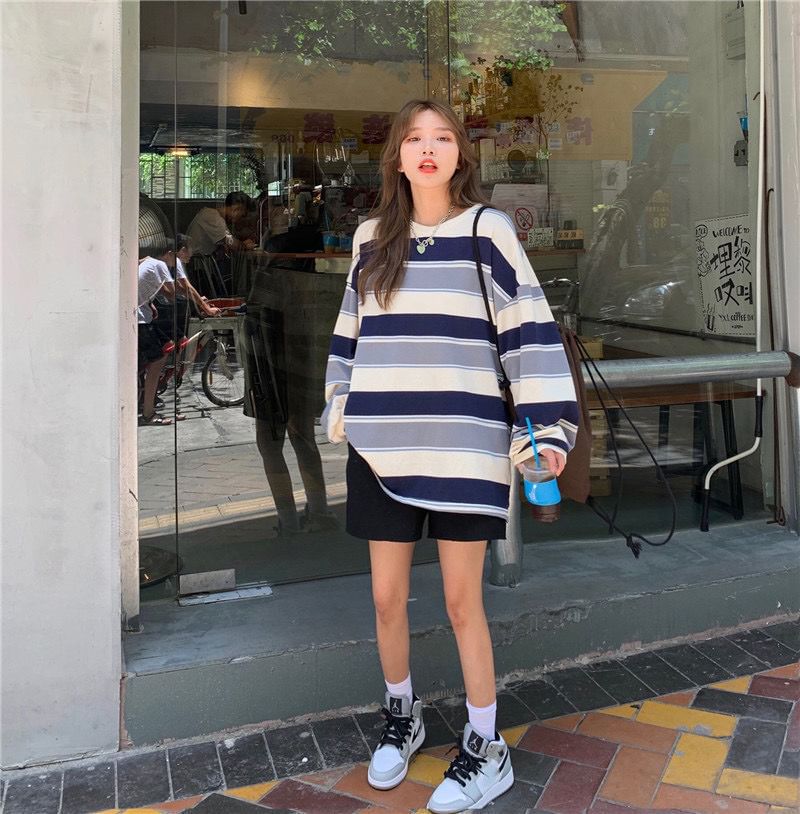 Long Sleeve Crew Neck Striped Oversized Tee