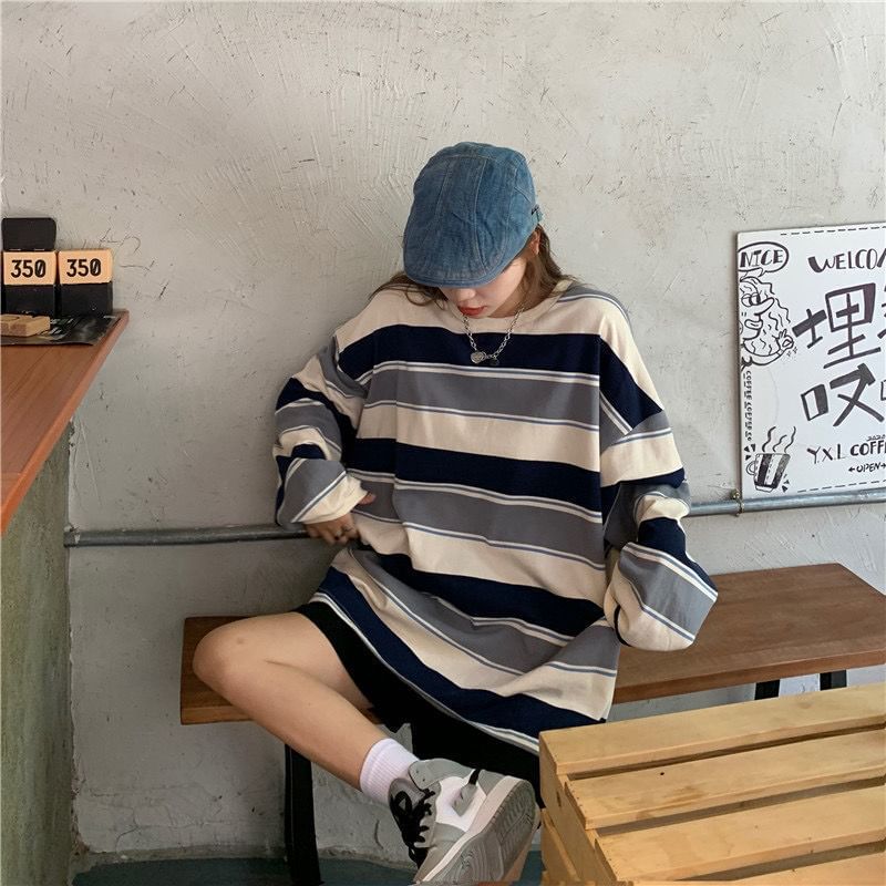 Long Sleeve Crew Neck Striped Oversized Tee