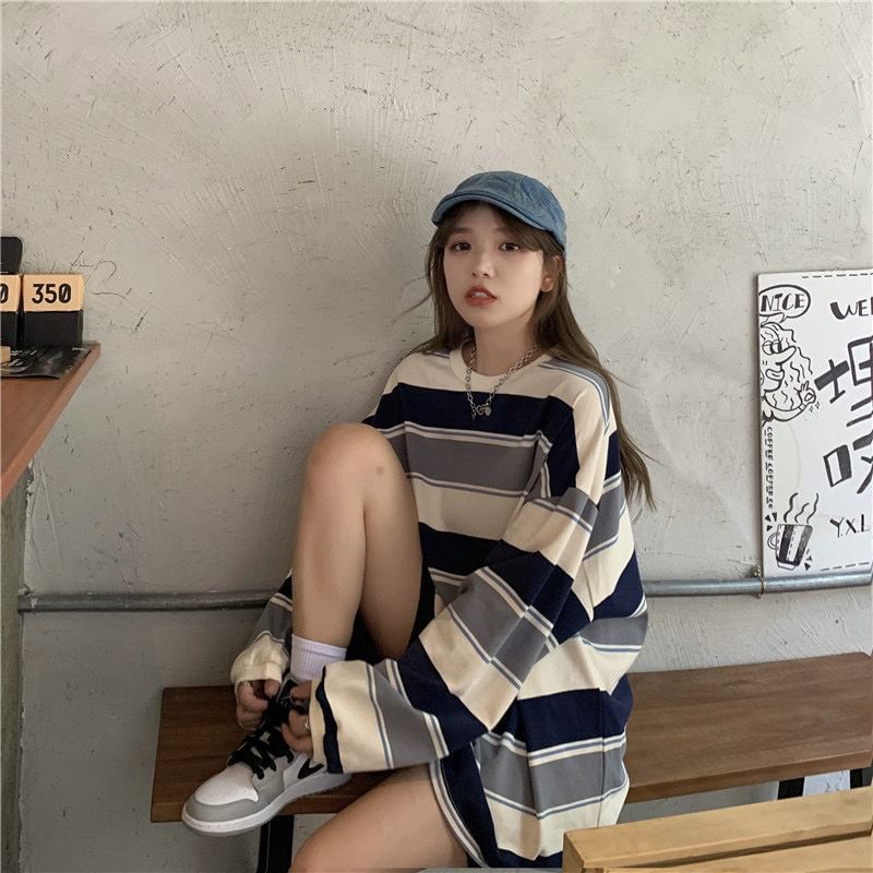 Long Sleeve Crew Neck Striped Oversized Tee