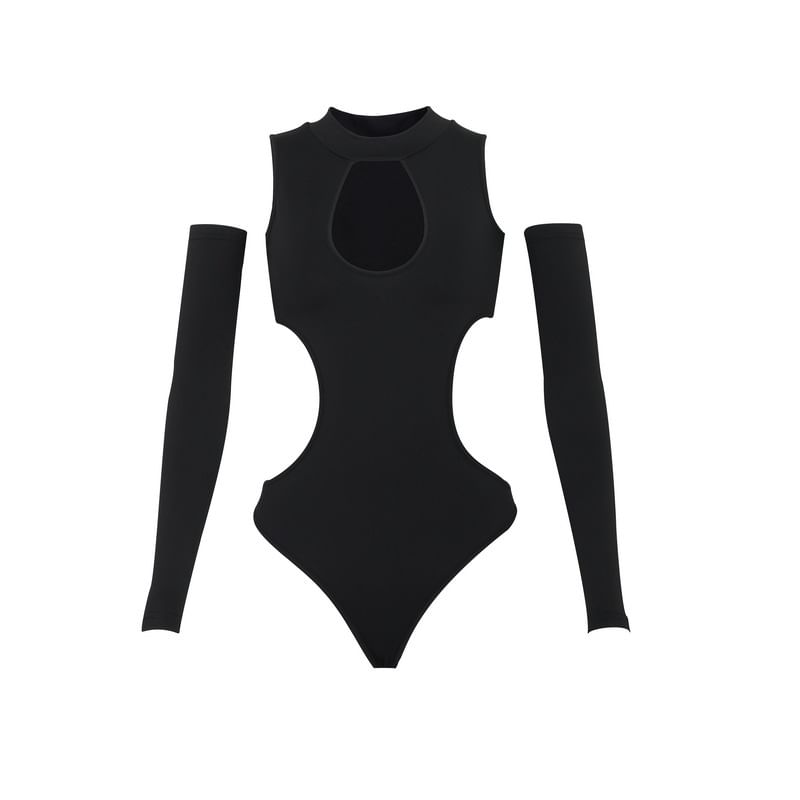 Cold-Shoulder Long-Sleeve Plain Cutout Bodysuit Top
