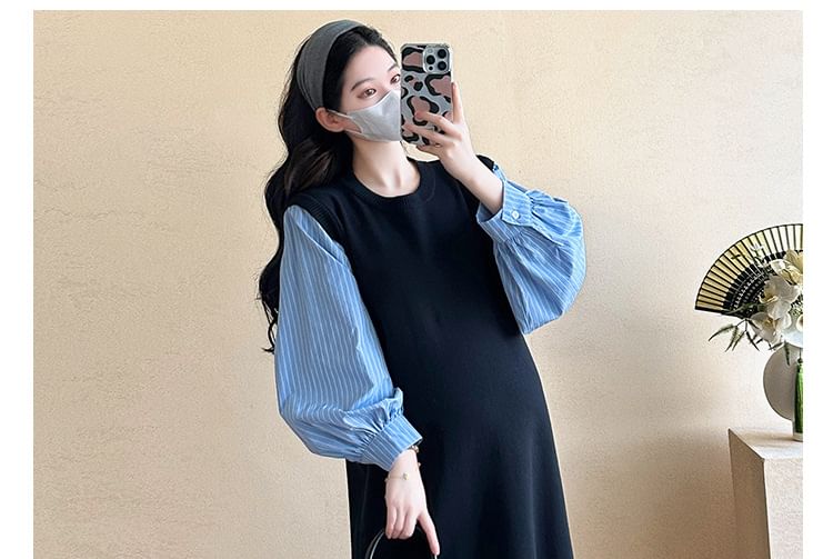 Maternity Long Sleeve Round Neck Striped Mock Two Piece Midi A-Line Dress